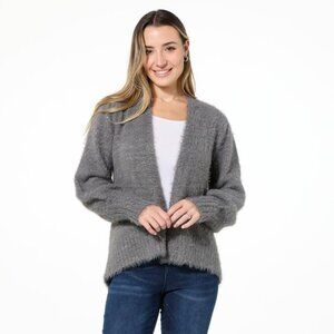 LB70 by Lloyd Boston Puff Sleeve Hi Low Glamour Cardigan Size Medium Pewter Gray